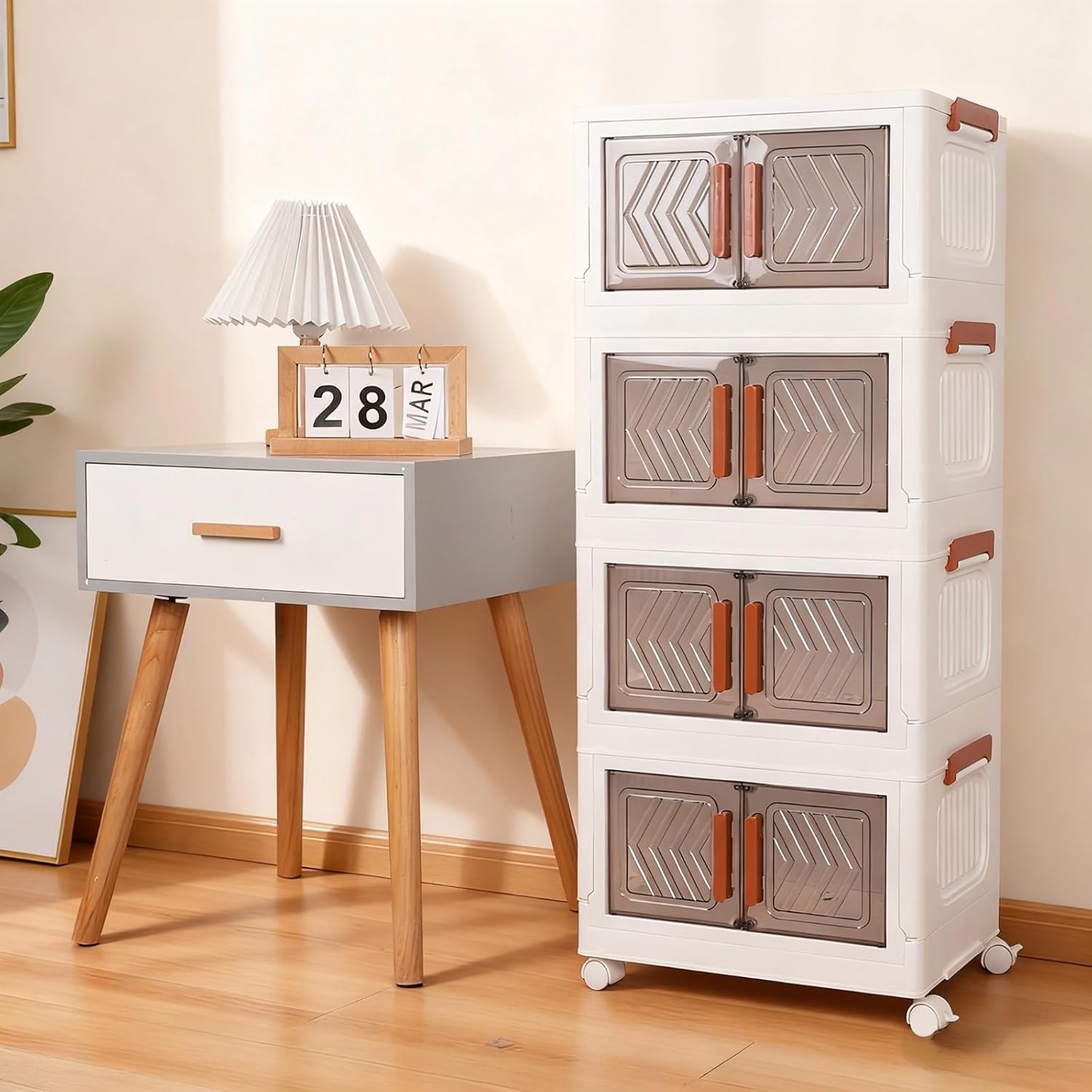 Skiennix 4-Tier Storage Bins - Stackable, Foldable Organizers with Lids & Wheels | Transparent Door