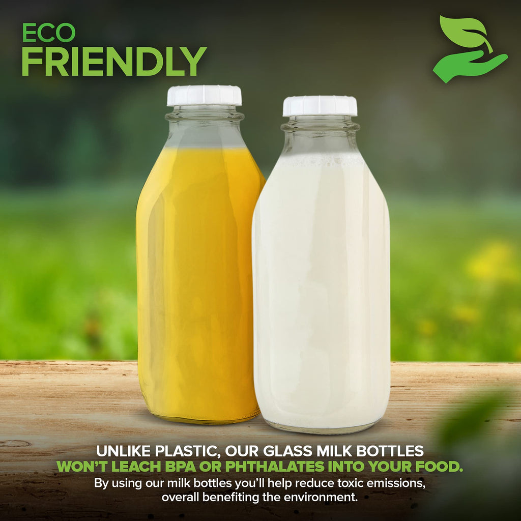 Stock Your Home Liter Glass Milk Bottle with Lid (3 Pack) 32 Oz Jugs and 6 White Caps, Reusable Food Grade Milk Container for Refrigerator, Bottles for Juice, Oat or Plant Milks, Water, Honey