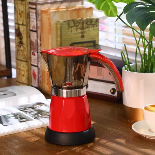 Lemosae Electric Espresso Maker Transparent Coffee Maker Electric Moka Pot Portable Aluminum Espresso Machine Italian Moka Pot with Detachable Base, Coffee Gift for Women Men Home Travel(Red,6 Cup)