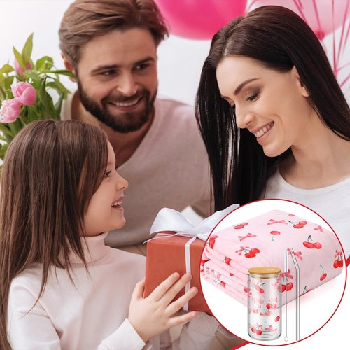 Yetene Pink Cherry Bow Party Favor Include Glass Cup and Blanket Set Pink and Red Cherry Stuff for Women Cute Birthday Gift for Women Sister Her Home Bedroom Sofa Decor Galentines Day Favors