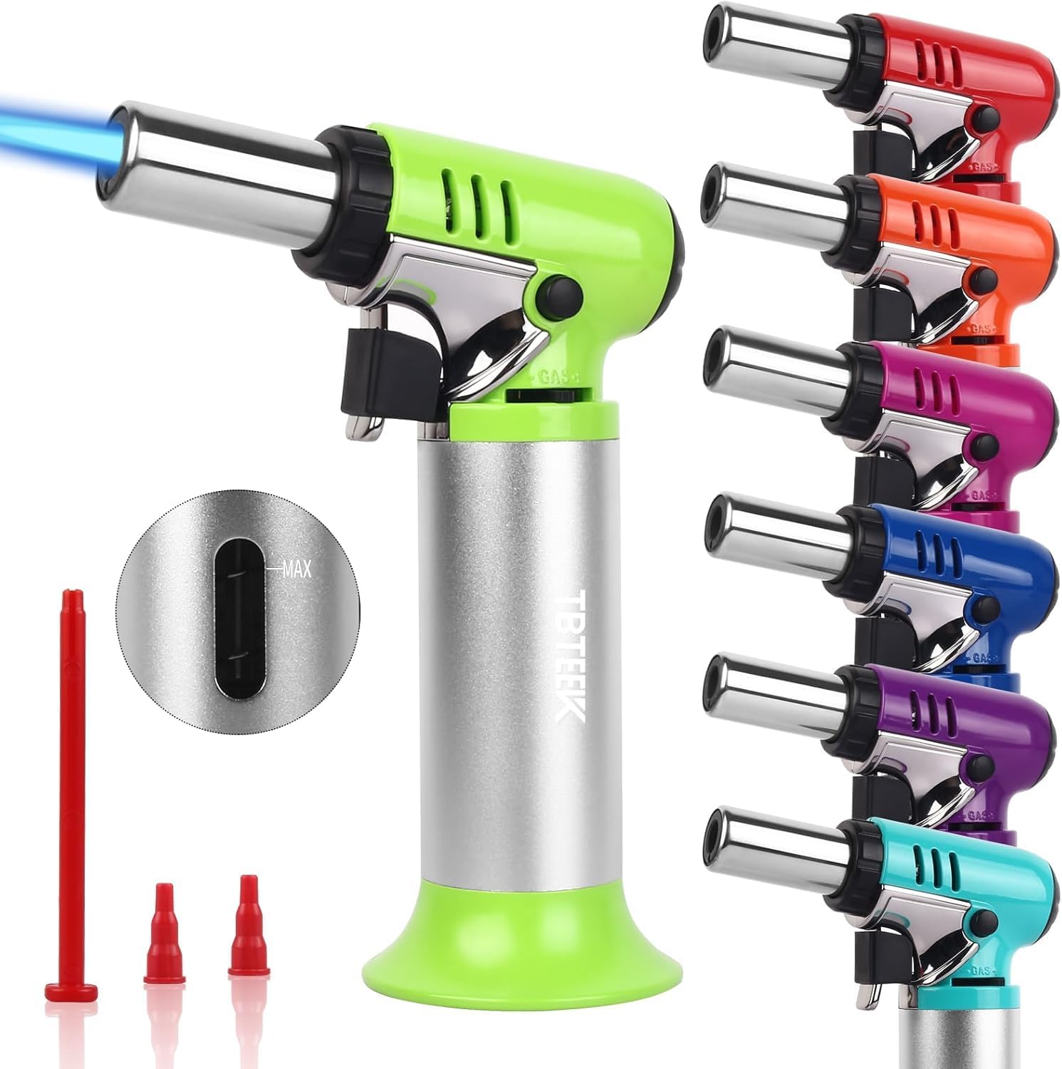TBTeek Butane Torch - One-Hand Operation Kitchen Torch with Adjustable Flame for Grilling & Baking - Green