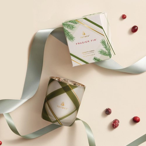 Thymes Frasier Fir Candle – Frosted Plaid Collection – Green & White Glass Jar Design – Scented Candles for Home Decor – Notes of Crisp Siberian Fir, Cedarwood & Sandalwood (Medium, 10 oz)