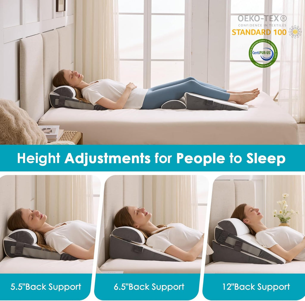 Skiennix Wedge Pillow Set - Adjustable Memory Foam for Acid Reflux Relief | 3-Piece White & Grey