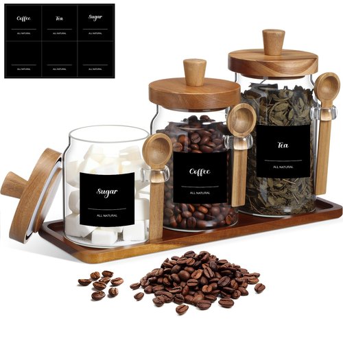 Suclain 3 Pcs Glass Coffee Container with Wooden Lid Spoon Shelf Labels Clear Airtight Jar Food Storage Canister Set for Sugar Spice Coffee Bean Holder Housewarming Gift(13.5,20,25 oz,Acacia Brown)
