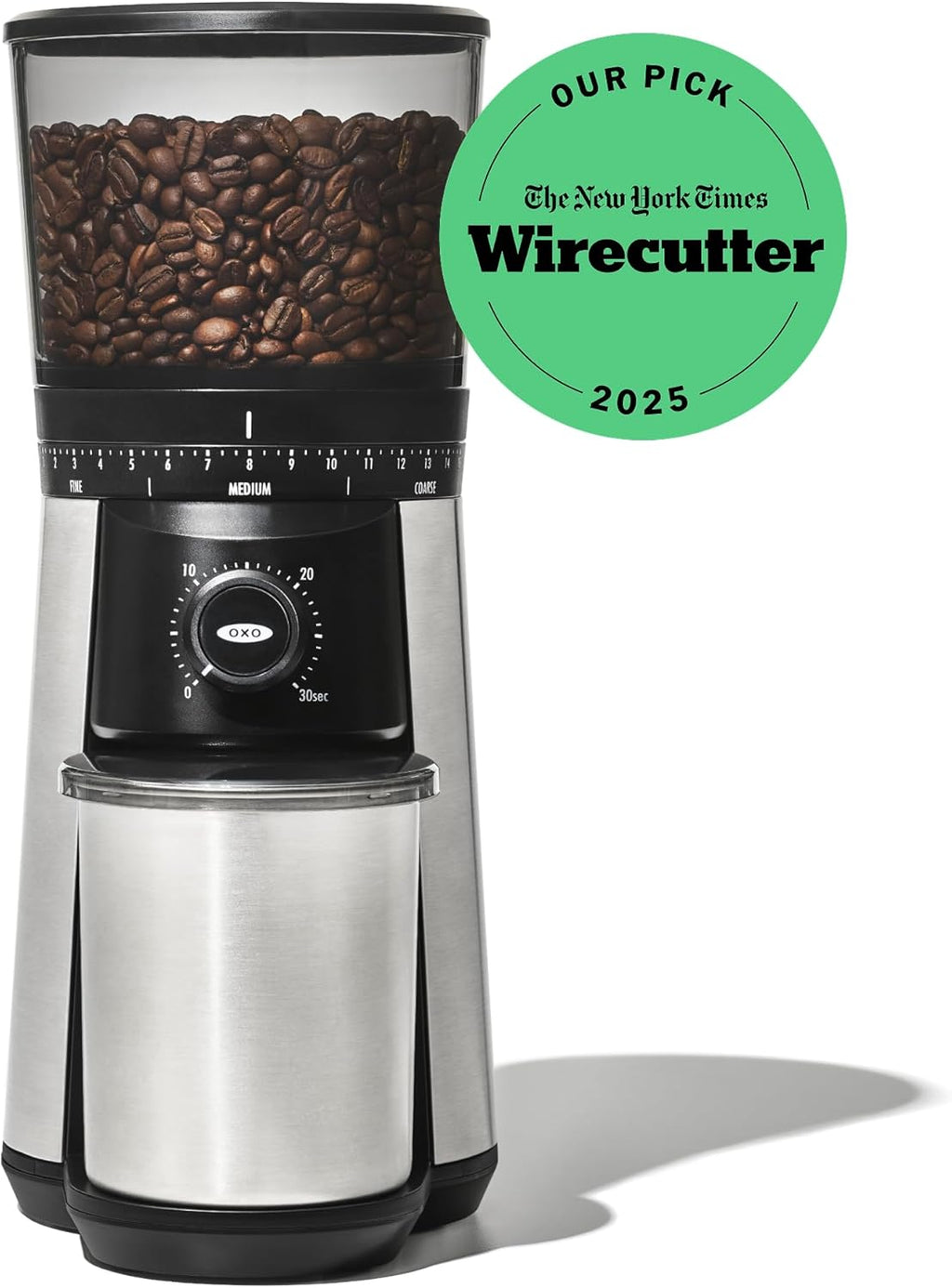 OXO Brew Conical Burr Coffee Grinder - One-Touch Automatic Grind, Silver Stainless Steel Design