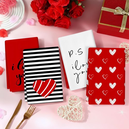 Valentines Day Kitchen Towels Cute Hand Towels for Bathroom Valentine Dish Towel 4 Pcs Dwarfs with Love Heart Reusable Tea Towel Holiday Farmhouse Wedding Anniversary Kitchen Gift for Home Wall Decor