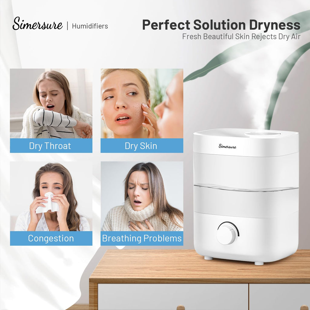 SimerSure Top Fill Humidifier, 2L Water Tank for Bedroom, 28H Long Lasting White Air Humidifier for Large Room, Ultra Quiet 25dB Cool Mist for Baby, Plants, Office, Easy to Clean & Fill