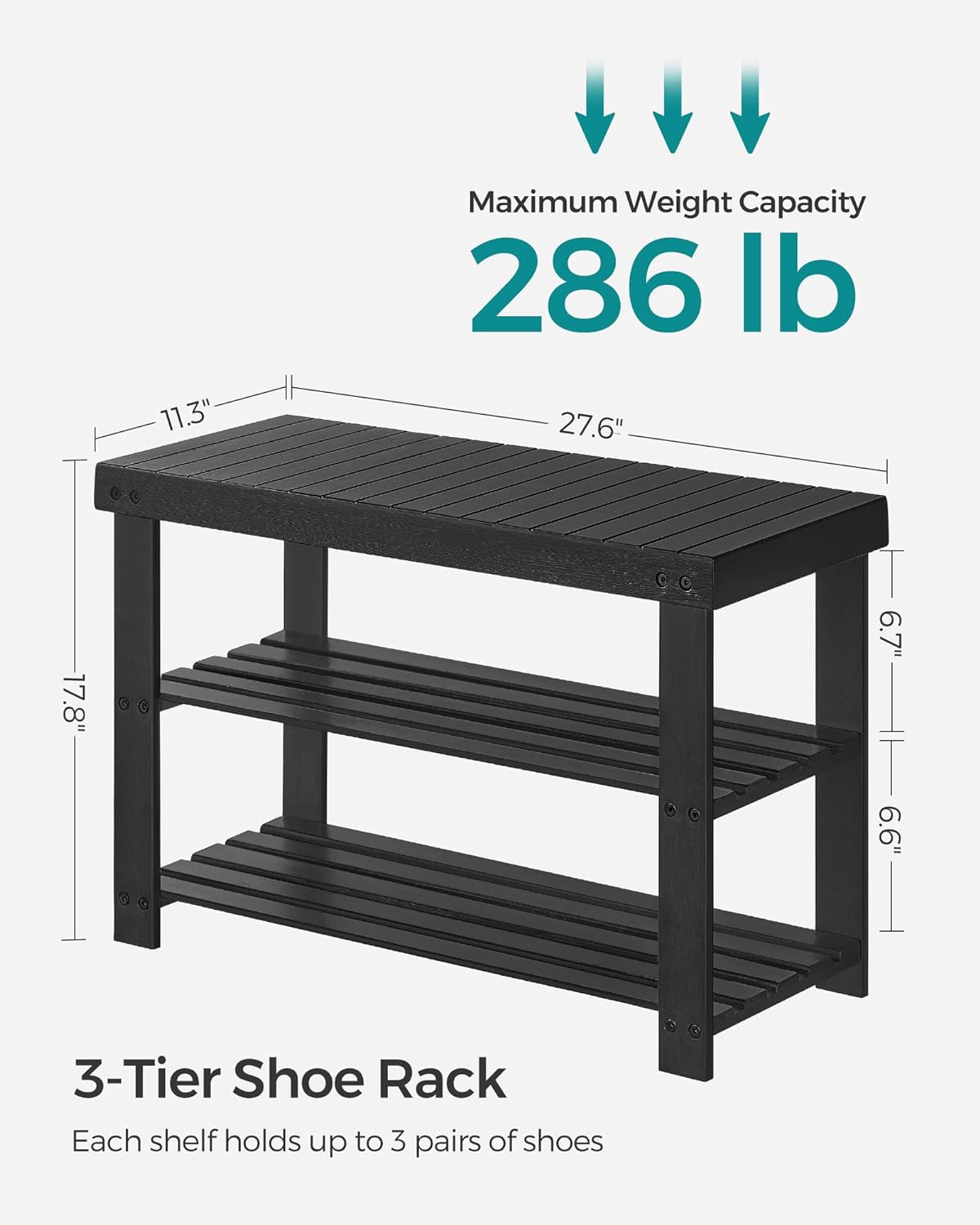 SONGMICS Shoe Rack Bench - 3-Tier Bamboo Storage Organizer | Holds Up to 286 lb, Ink Black, 11.3 x 27.6 x 17.8 Inches
