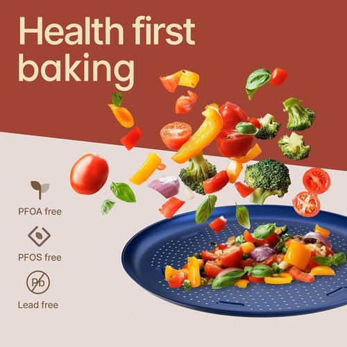 Bakken 16 Inch Non-Stick Pizza Pan 1 Pack, Round Carbon Steel Pizza Tray with Perforated Holes, PFOA, PFOS, & PTFE-Free, Dishwasher & Oven Safe Up To 450°F, Durable Nonstick Coating, Blue
