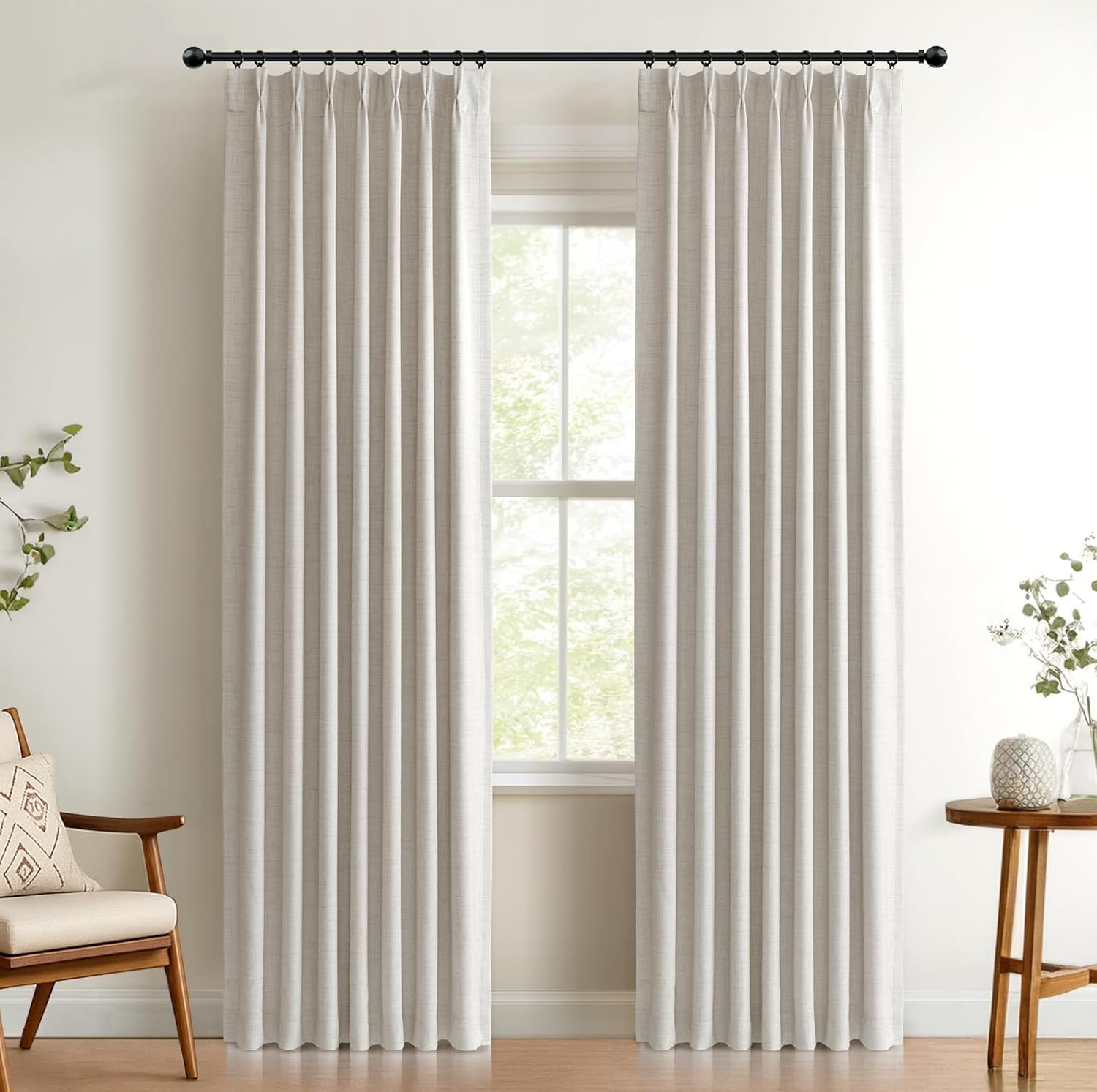Skiennix 100% Blackout Curtains - Textured Faux Linen Drapes, 84" Long, 2 Panels Set, Beige