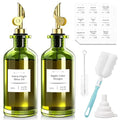 COOLMI Oil Dispenser for Kitchen - 12oz/350ml, Set of 2 Extra Thick Food Grade Glass Olive Oil Dispenser Bottle with Cleaning Brush, Stickers and Funnel (Gold)