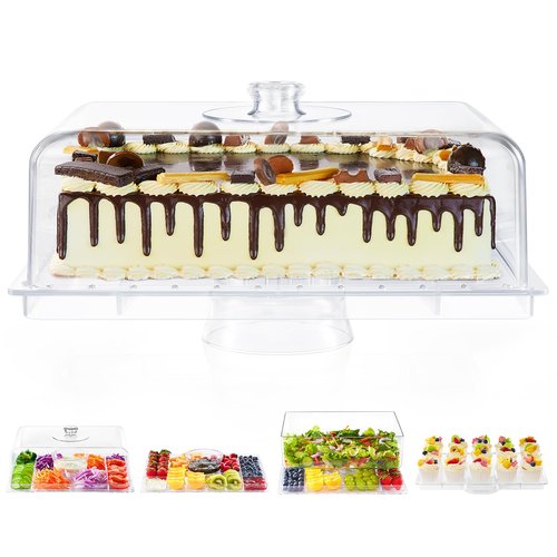 Cake Stand with Lid-Extra Large 17" Rectangular Cake Holder,8-in-1 Multi-Functional Dessert Table Display Set & Charcuterie Board,Acrylic Cake Plate Dome Cover for Weddings/Cheese/Veggie/Chips & Dip
