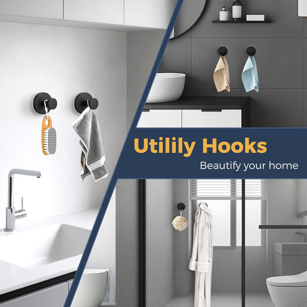Skiennix Large Suction Cup Hooks - Reusable No-Drill Bathroom Towel Hooks | 4-Pack Matte Black