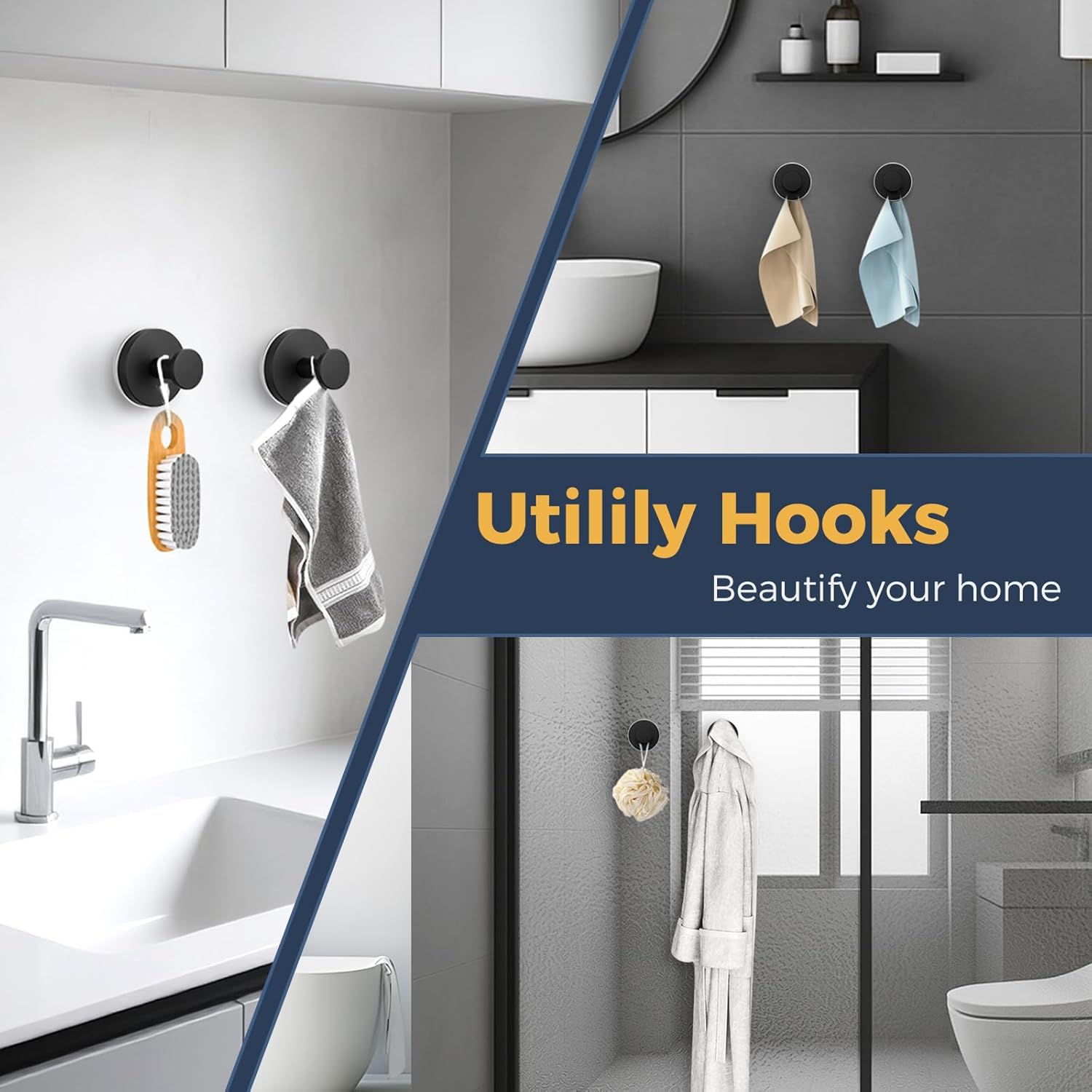 Skiennix Large Suction Cup Hooks - Reusable No-Drill Bathroom Towel Hooks | 4-Pack Matte Black