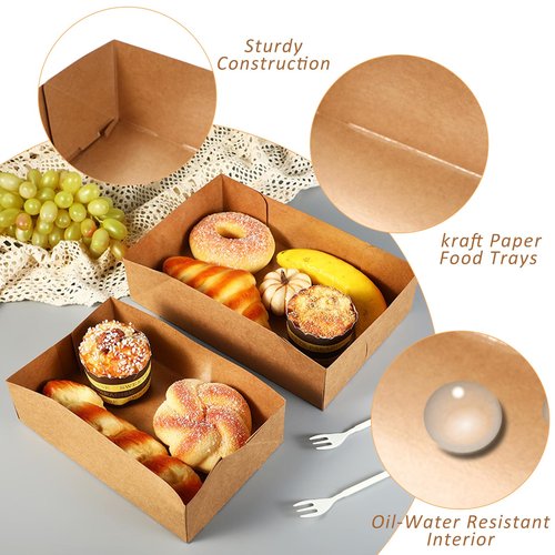 Nexboraque 100 Pack Disposable Paper Trays, Rectangular Kraft Food Containers Foldable Boxes, 4 Corner Pop Up Cardboard Food Trays for Fast Food, Nacho, Snack, Stadiums, Theaters, Brown