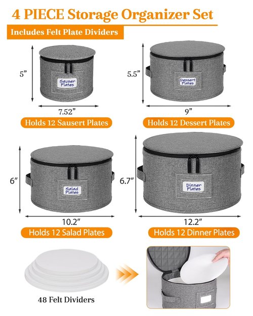 punemi China Storage Containers, Dish Storage w/Hard Shell Top Side Bottom Support & Felt Dividers for Charger Plates Dinnerware, Perfect for Moving Supplies, 4 set Stackable Fine China Storage, Gray