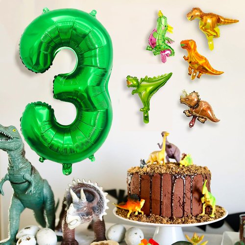 LilyZheng Large Dinosaur Balloon Number 3, 40 Inch Dark Green Foil Balloon and 5 Mini Dinosaur Balloons for 3rd Dino Birthday Decorations and Dino Party Supplies Boys and Girls