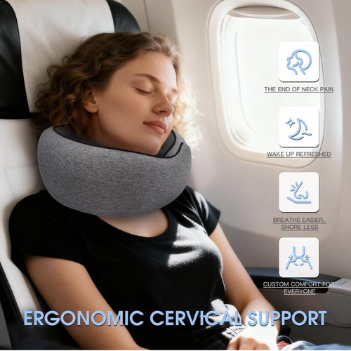 Dujuanus Neck Travel Pillows for Airplanes Memory Foam Neck Comfort Pillow Compact Ergonomic Design Sleeping Essentials for Long Flights Car Rides and Home Use (Grey)