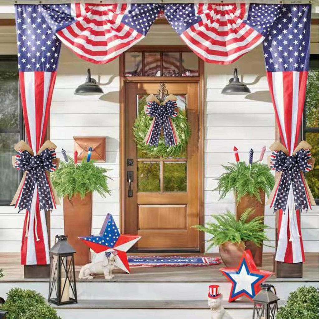 Patriotic Decor - Burlap Red White Blue Stripe Bow | Perfect for Wreaths & 4th of July Celebrations