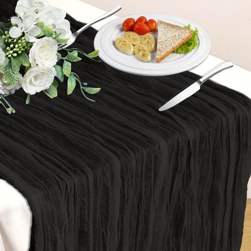 Black Table Runner - 10 Ft Rustic Cheesecloth Design for Halloween Weddings & Parties