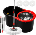 Skiennix Spin Mop and Bucket Set - 360° Cleaning System with 3 Microfiber Refills & 50" Handle | Black