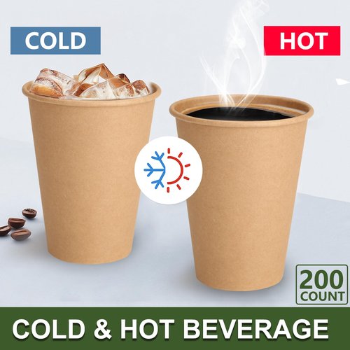 PULOSPACK 200 Pack 8 oz Brown Disposable Paper Coffee Cups, Durable Leak-Proof Kraft Paper Cups for Hot/Cold Drinks, Unbleached Paper Cups for Home, Office, Party, Cafes, Events