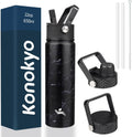 Skiennix 22oz Stainless Steel Water Bottle - Insulated with 3 Lids | Marble Midnight Finish