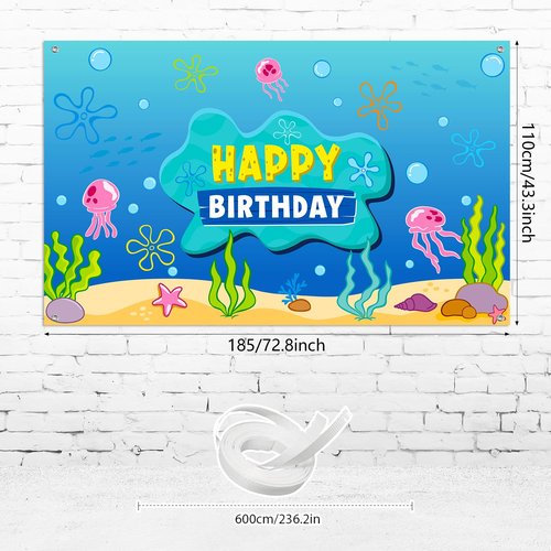 Under The Sea Happy Birthday Banner Backdrop Decoration, Ocean Photo Banner Background Ocean Jellyfish Seaweed Wall Décor for Birthday Baby Shower Party Photography Decorations, 73 x 43 Inch