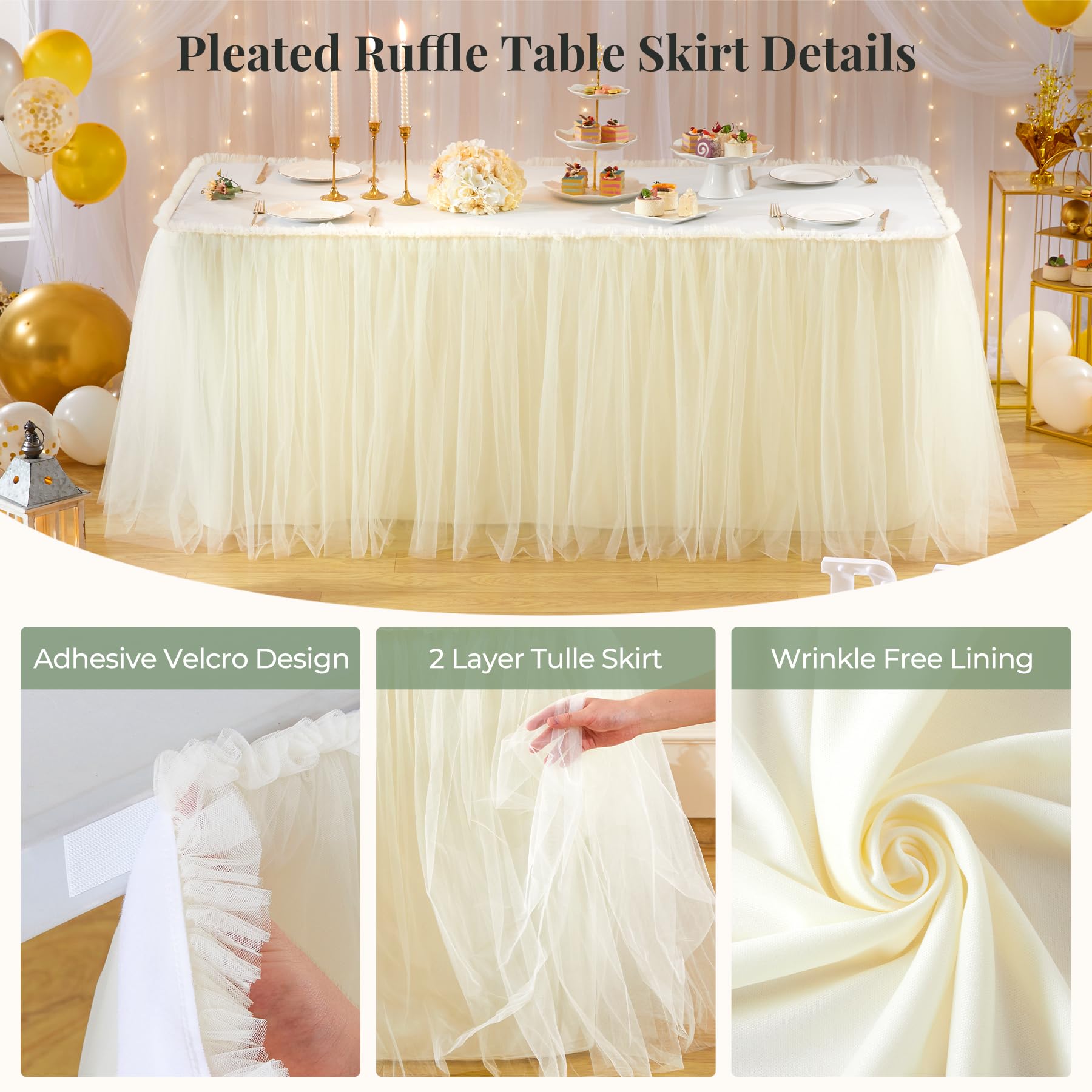 PARTISKY 21FT Length Champagne Tulle Table Skirt for Rectangle Tables 2-Layer Ruffle Tulle Tutu Cloth Desk Table Skirt for Baby Shower Girl Birthday Party Wedding Cake Dessert Decorations