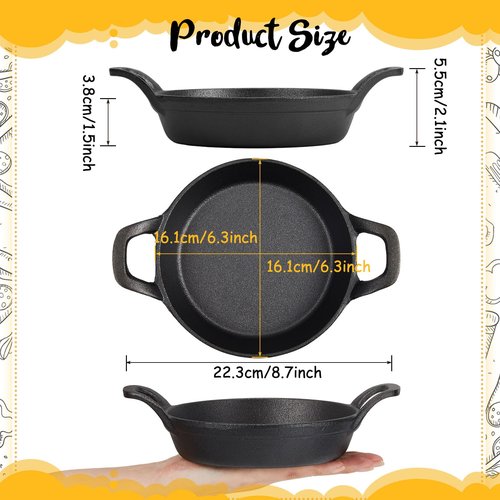 Ziliny Mini Cast Iron Skillets 6.3 x 6.3 x 1.5 Inch Cast Iron Pan Small Ramekin Set Black Casserole Dish Cookware Oven Safe Mini Skillets for Kitchen Indoor Outdoor Picnic (8 Pack)