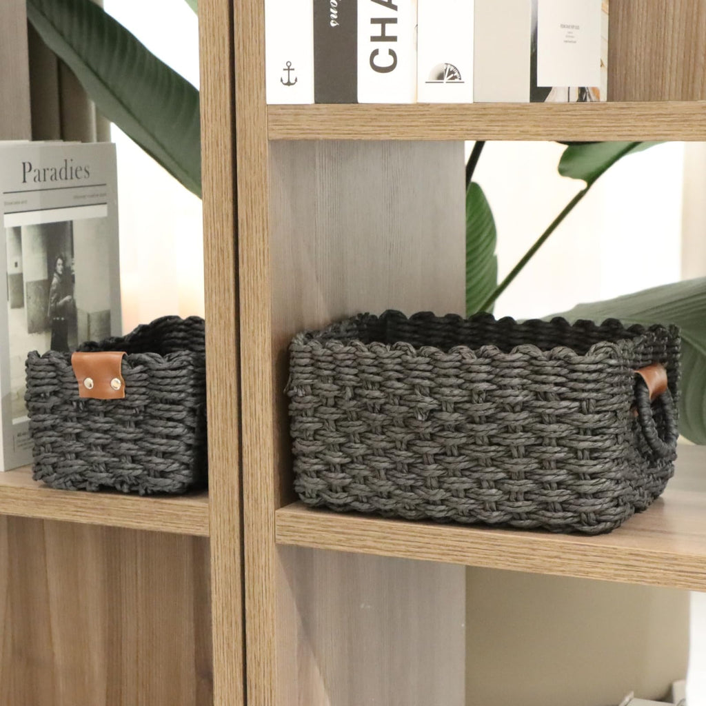 QingtuHome Paper rope Small Storage baskets for Organizing,Cute woven Little basket for Home，Shelves, Bathroom,Decorative basket,Set of 3 (Black)