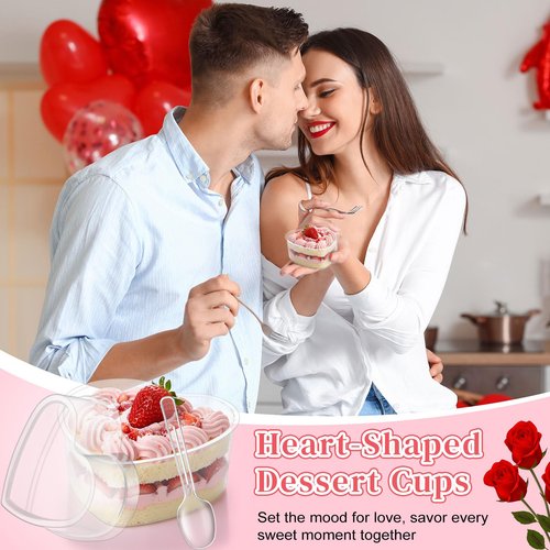 Potchen 24 Pack Heart Shaped Dessert Cups with Lids and Spoons 4 oz Mini Plastic Dessert Container Appetizer Parfait Cups Clear Shooter Container for Valentine Wedding Serving Party