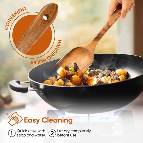 EZuncle 6 Piece Wooden Cooking Spoon Set - Ideal For Non-Stick Pans, Heat Resistant Solid Wood, Smooth Teak Cutlery For a Comfortable grip - Lightweight and Durable - Easy to Clean(6 PCS Large)