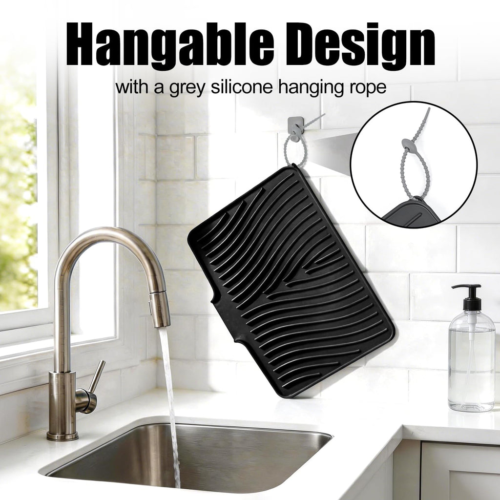 TIKNIK Silicone Dish Drying Mat, Stone Drying Mat for Kitchen Counter with Built-In Drain, Non-Slip Drain Pad with Built-in Drain, Heat Resistant Stone Drying Mat, Hangable, Black-1pc, 20" x 15"