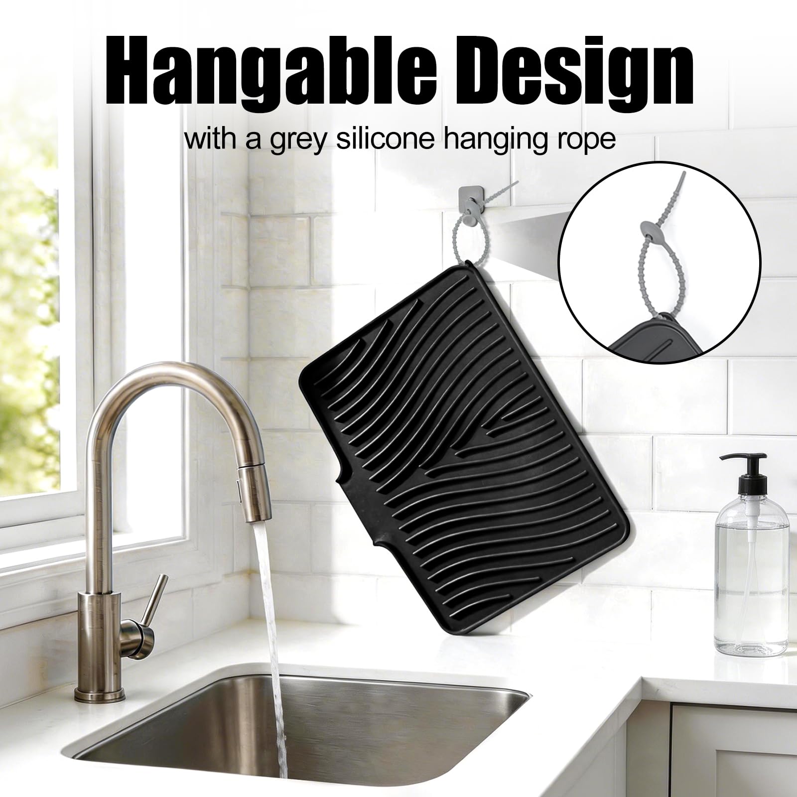 TIKNIK Silicone Dish Drying Mat, Stone Drying Mat for Kitchen Counter with Built-In Drain, Non-Slip Drain Pad with Built-in Drain, Heat Resistant Stone Drying Mat, Hangable, Black-1pc, 20" x 15"