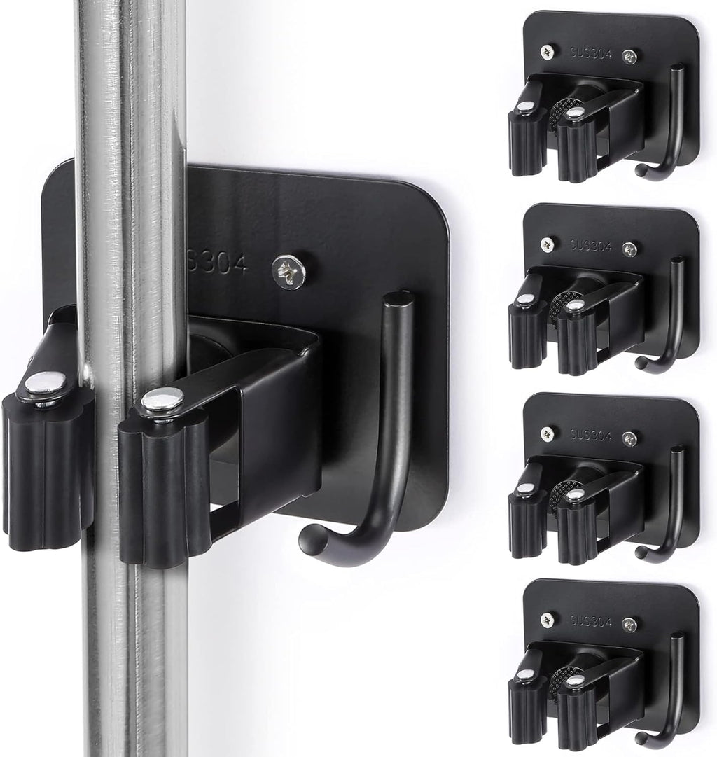 Stainless Steel Broom Holder - Heavy Duty & Rust Resistant | 4 Gripper Positions & Hooks, Black