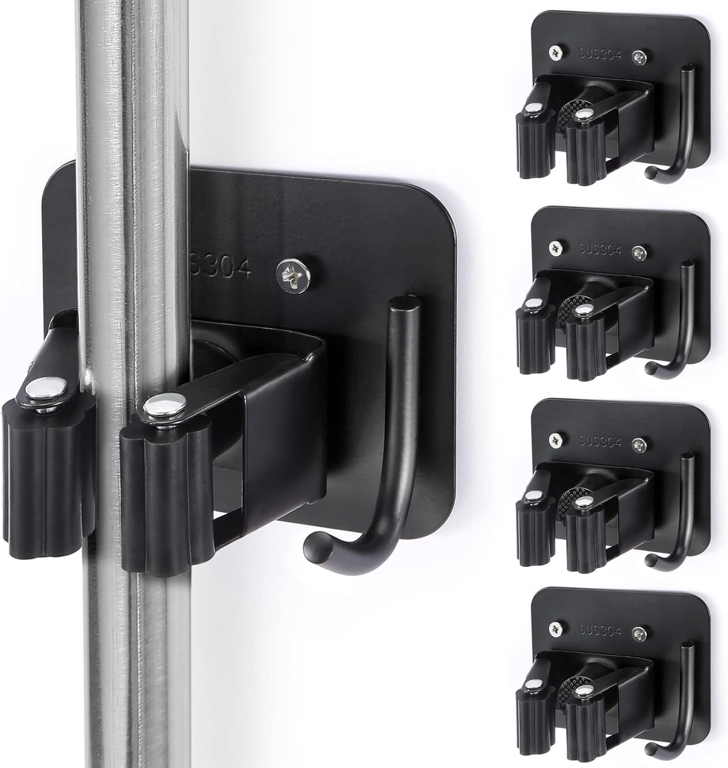 Stainless Steel Broom Holder - Heavy Duty & Rust Resistant | 4 Gripper Positions & Hooks, Black