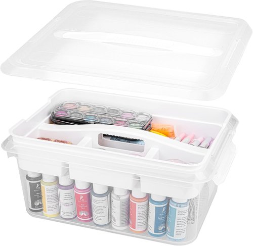 CraftGenes Craft Storage Box - 20 QT Clear Plastic Organizer with Removable Tray & Lids | White Playdoh Container for Supplies