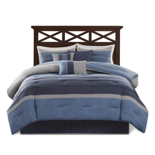 Madison Park Cozy Comforter Set Casual Modern Design - All Season Bedding, Matching Bed Skirt, Decorative Pillows, Collins, Suede Blue Grey King(104"x92") 7 Piece