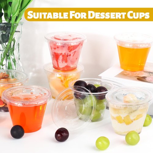 GGOLDMER 60 Pack 9 oz Clear Plastic Cups with Lids No Hole, Dessert Cups Disposable Cups with Lids for Ice Cream, Fruit, Pudding, Cake, Cold Drinks, Smoothie and Snacks