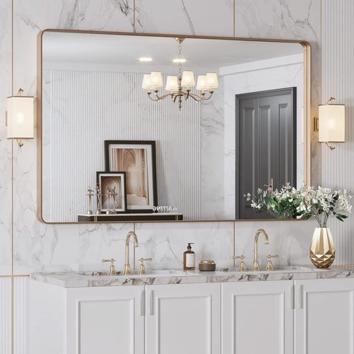 LOAAO Gold Bathroom Mirror - 48”x30” Rounded Rectangle Design | Wall-Mounted, Anti-Rust Tempered Glass