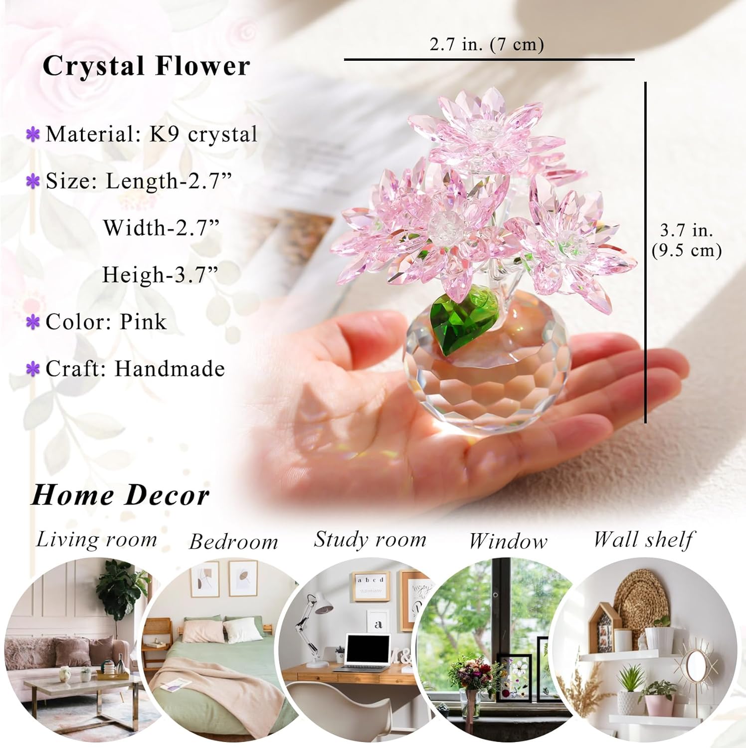YWHL Pink Crystal Flower Figurine - Handmade Glass Decor | Beautiful Art Collectible for Home Centerpiece