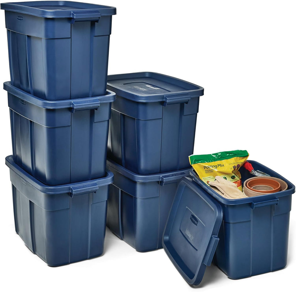 Rubbermaid Roughneck 18 Gal Tote - Rugged Stackable Storage Bins with Lids & Handles | Dark Indigo Metallic, 6 Pack