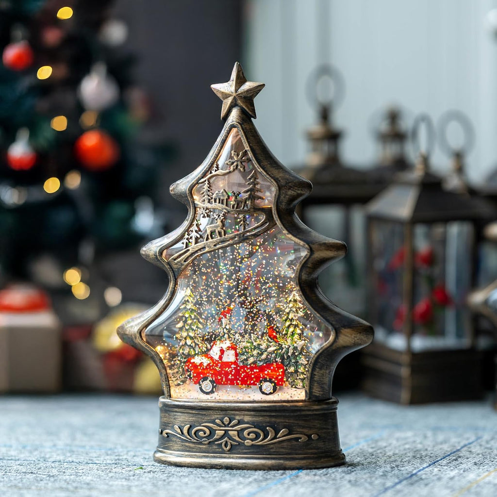 Regine Switzerland Snow Globe Lantern - Musical Lighted Christmas Tree with Red Truck - 11.5 Inch Holiday Decor