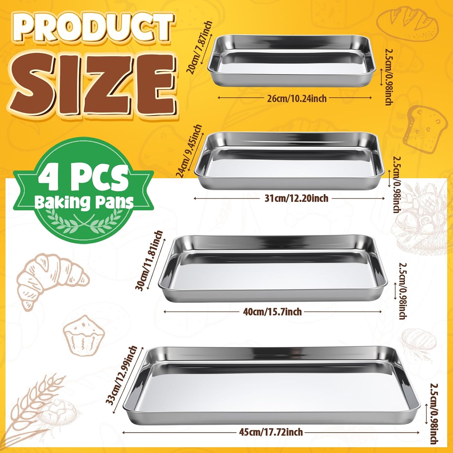 Skiennix Stainless Steel Baking Pans Set - 4 Pack Commercial Grade Cookie Sheets | 10/12/16/18 Inch Non-Stick Cookware
