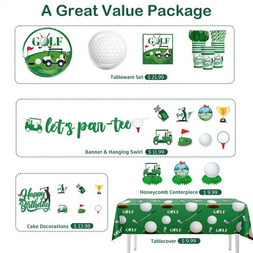 192pcs Golf Party Decorations, Golf Birthday Decorations with Golf Plates and Napkins Set, Pennant Banner Tablecloth Cupcake Topper Balloon, Etc. for Golf Birthday Party Decorations, Serves 25