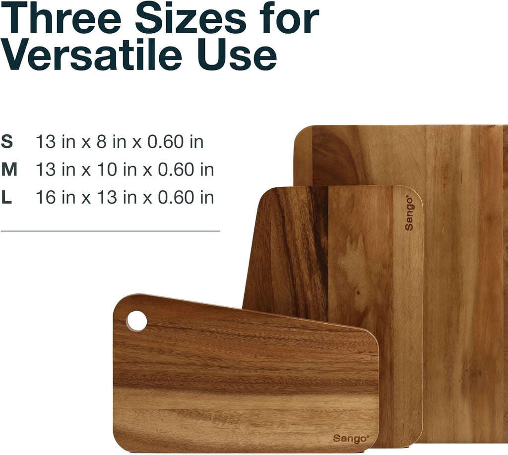 Sango Acacia Cutting Board Set - 3-Piece Slant Edge & Hanging Holes | Stackable, Reversible, Non-Toxic