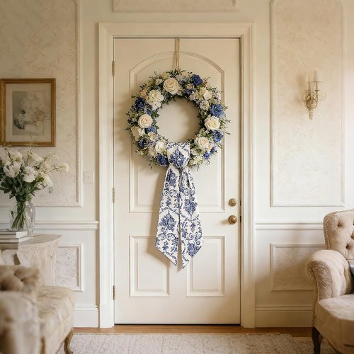 AZYM Wreath Sash Set - Elegant Blue Flower Ribbon for Front Door & Indoor Decor | 2 Pcs