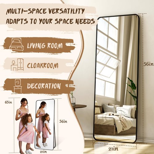 XRAMFY 56"x21" Floor Full Length Mirror Standing Full Body Rounded Corner Rectangle Mirrors with Stand Hanging Wall Mounted Leaning Bedroom Living Room Bedroom Cloakroom,Black