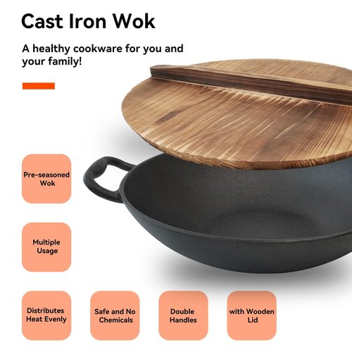 Keleday Flat Bottom Cast Iron Wok with Lid 14 Inch,Pre-Seasoned Best Non Toxic Wok,Chinese Japanese Wok double handle for Induction and Open Fire